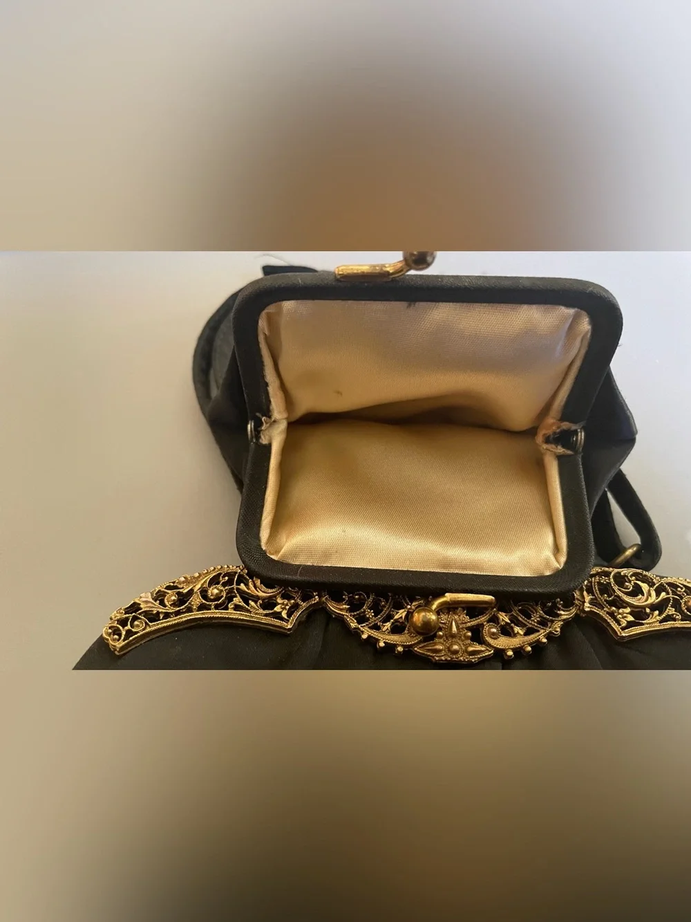 Vtg After 5  Black Satin Evening Handbag Gold Filigree Trim Coin Purse & Bow